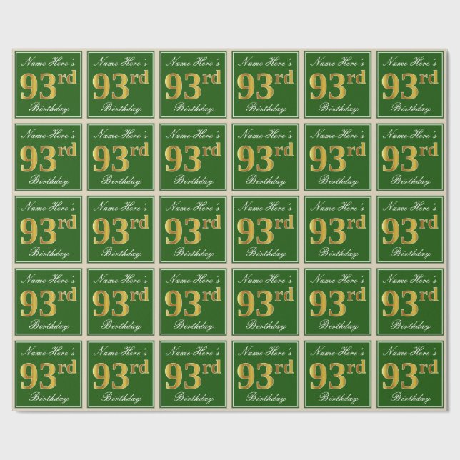 Elegant, Green, Faux Gold 93rd Birthday + Name Wrapping Paper (Flat)