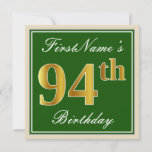 [ Thumbnail: Elegant, Green, Faux Gold 94th Birthday + Name Invitation ]