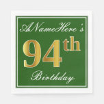 [ Thumbnail: Elegant Green, Faux Gold 94th Birthday + Name Napkins ]