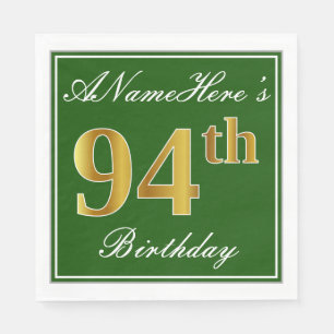 Elegant Green, Faux Gold 94th Birthday + Name Paper Napkins