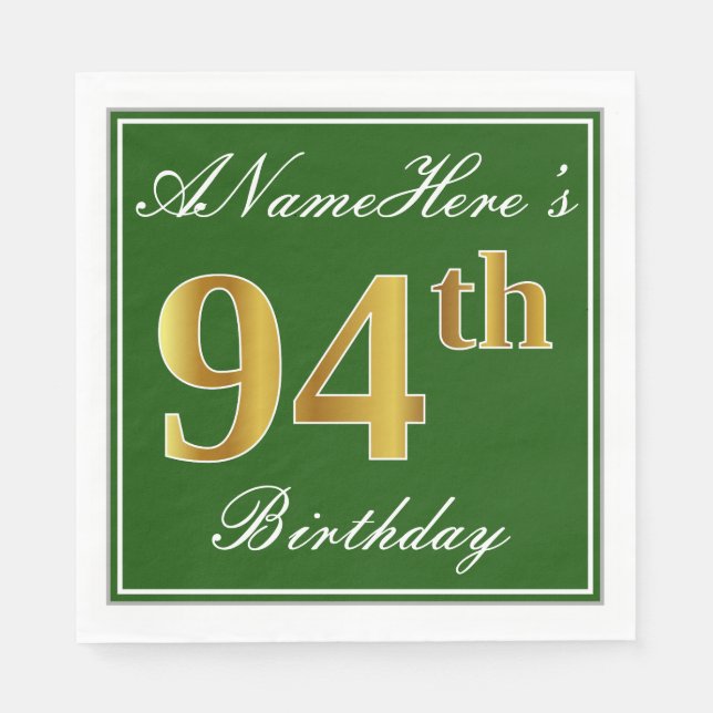 Elegant Green, Faux Gold 94th Birthday + Name Paper Napkins (Front)
