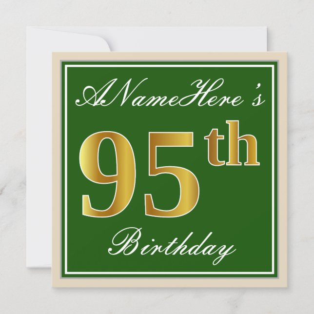Elegant, Green, Faux Gold 95th Birthday + Name Invitation (Front)