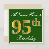 Elegant, Green, Faux Gold 95th Birthday + Name Invitation (Front/Back)