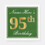 [ Thumbnail: Elegant Green, Faux Gold 95th Birthday + Name Napkins ]