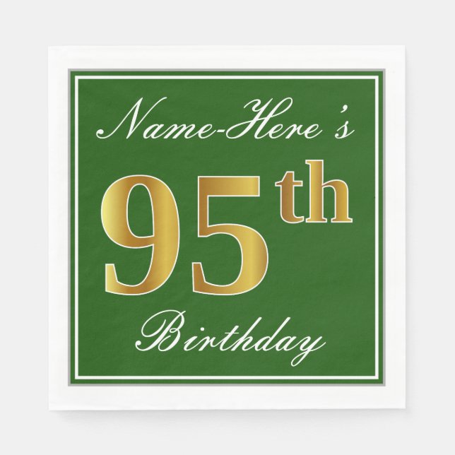 Elegant Green, Faux Gold 95th Birthday + Name Napkins (Front)