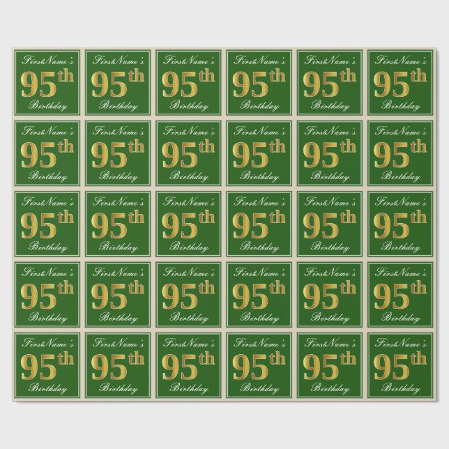 Elegant, Green, Faux Gold 95th Birthday + Name Wrapping Paper (Flat)