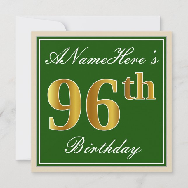 Elegant, Green, Faux Gold 96th Birthday + Name Invitation (Front)