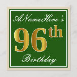 [ Thumbnail: Elegant, Green, Faux Gold 96th Birthday + Name Invitation ]