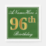 [ Thumbnail: Elegant Green, Faux Gold 96th Birthday + Name Napkins ]
