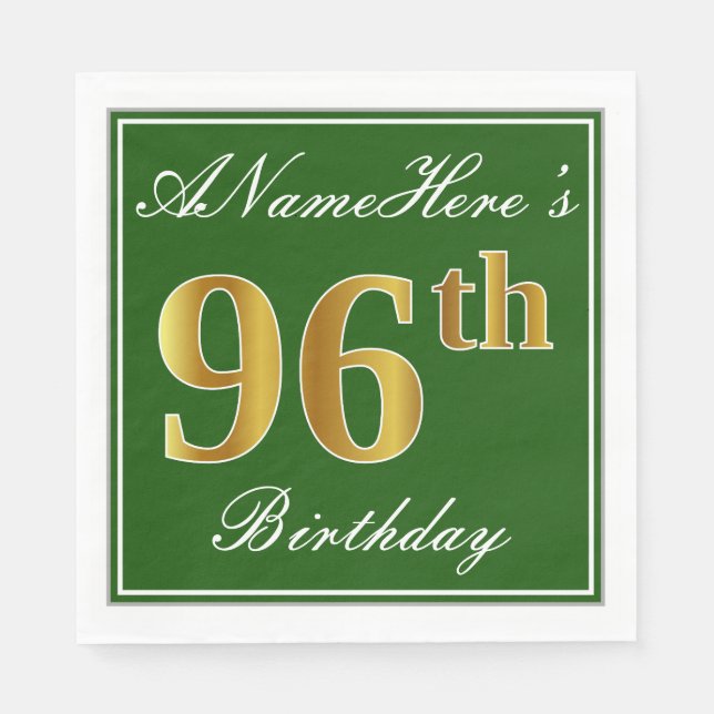 Elegant Green, Faux Gold 96th Birthday + Name Napkins (Front)