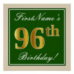 [ Thumbnail: Elegant, Green, Faux Gold 96th Birthday + Name Poster ]