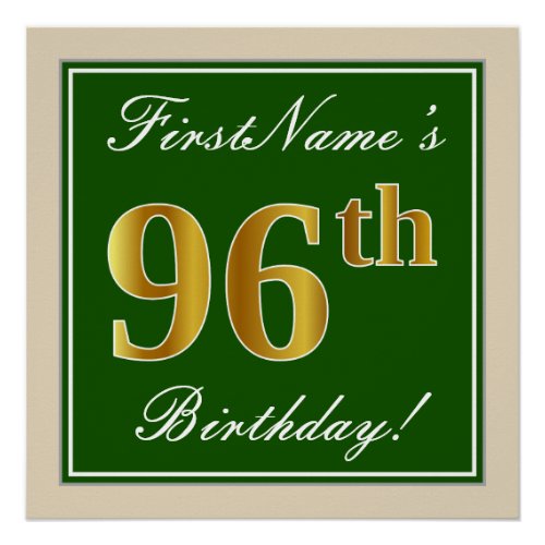 Elegant Green Faux Gold 96th Birthday  Name Poster