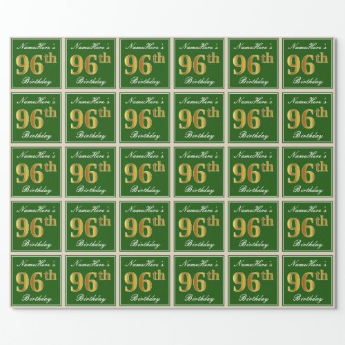 Elegant Green Faux Gold 96th Birthday  Name Wrapping Paper