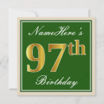 [ Thumbnail: Elegant, Green, Faux Gold 97th Birthday + Name Invitation ]