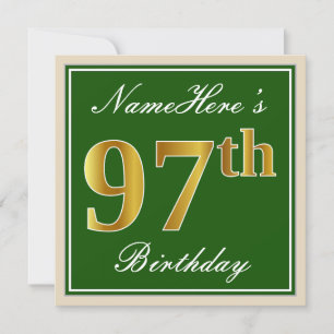 Elegant, Green, Faux Gold 97th Birthday + Name Invitation
