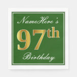 [ Thumbnail: Elegant Green, Faux Gold 97th Birthday + Name Napkins ]