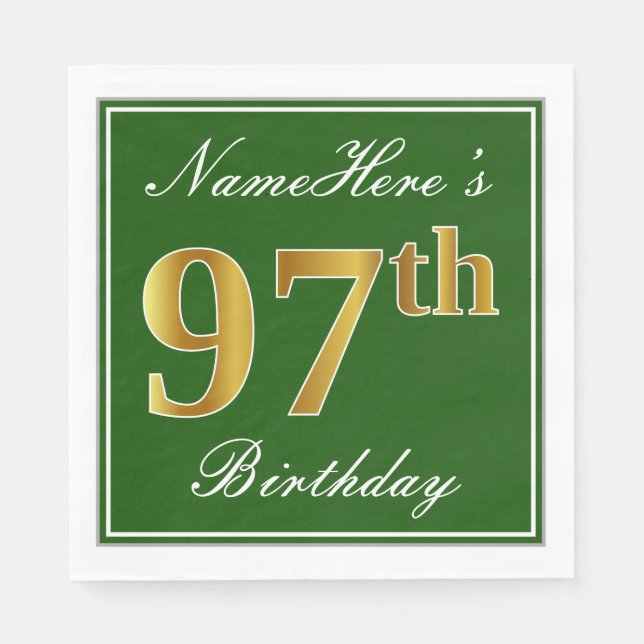 Elegant Green, Faux Gold 97th Birthday + Name Napkins (Front)