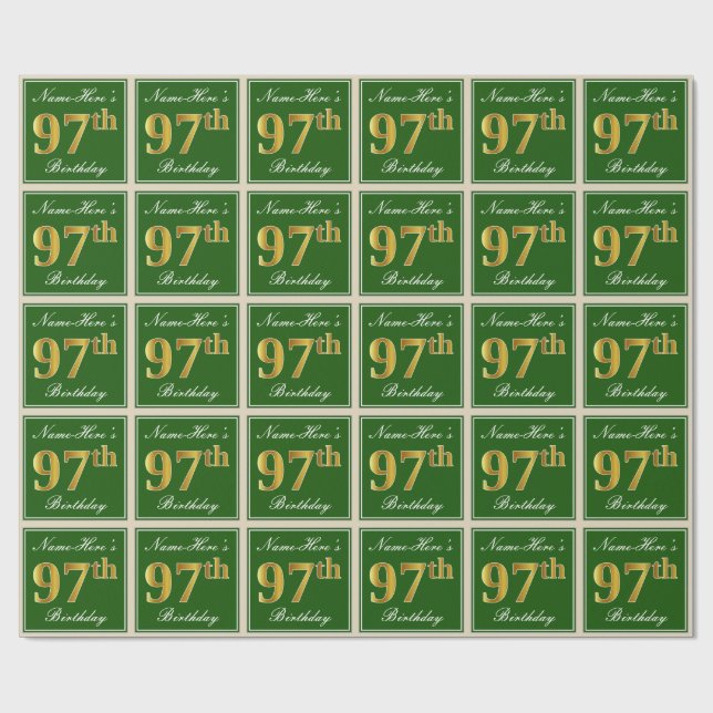 Elegant, Green, Faux Gold 97th Birthday + Name Wrapping Paper (Flat)