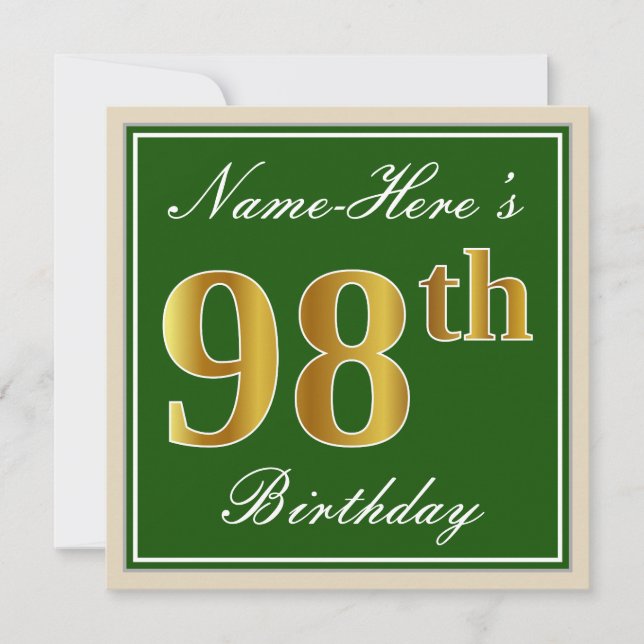 Elegant, Green, Faux Gold 98th Birthday + Name Invitation (Front)