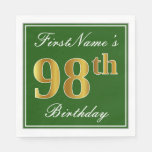 [ Thumbnail: Elegant Green, Faux Gold 98th Birthday + Name Napkins ]