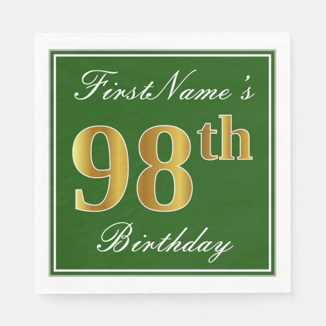 Elegant Green, Faux Gold 98th Birthday + Name Napkins (Front)