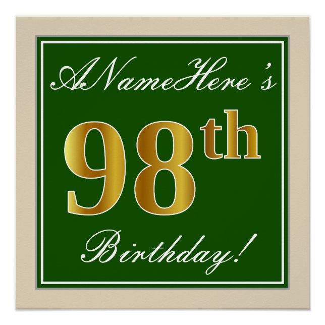 Elegant, Green, Faux Gold 98th Birthday + Name Poster (Front)