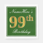 [ Thumbnail: Elegant Green, Faux Gold 99th Birthday + Name Napkins ]