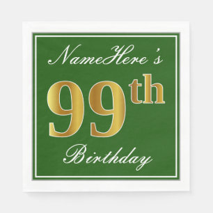 Elegant Green, Faux Gold 99th Birthday + Name Paper Napkins