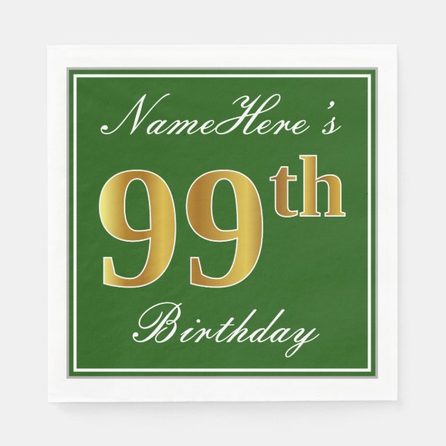 Elegant Green, Faux Gold 99th Birthday + Name Paper Napkins (Front)