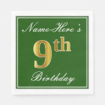 [ Thumbnail: Elegant Green, Faux Gold 9th Birthday; Custom Name Paper Napkin ]