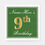 [ Thumbnail: Elegant Green, Faux Gold 9th Birthday; Custom Name Napkins ]