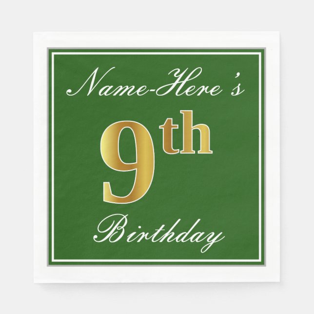 Elegant Green, Faux Gold 9th Birthday; Custom Name Paper Napkins (Front)