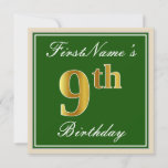 [ Thumbnail: Elegant, Green, Faux Gold 9th Birthday + Name Invitation ]