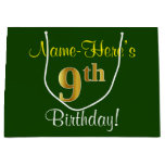 [ Thumbnail: Elegant, Green, Faux Gold 9th Birthday + Name Gift Bag ]