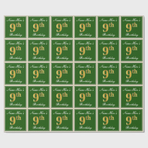 Elegant, Green, Faux Gold 9th Birthday + Name Wrapping Paper