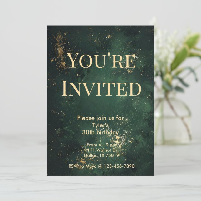 Elegant Green & Faux Gold Birthday Invitation (Standing Front)