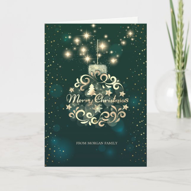 Elegant Green,Faux Gold Christmas Ball Holiday Card (Front)