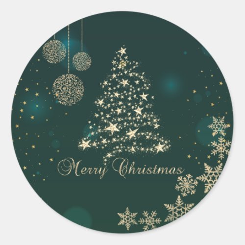 Elegant GreenFaux Gold Christmas TreeSnowflakes Classic Round Sticker