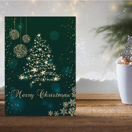 Elegant Green,Faux Gold Christmas Tree,Snowflakes Holiday Card