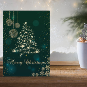 Elegant Green,Faux Gold Christmas Tree,Snowflakes Holiday Card