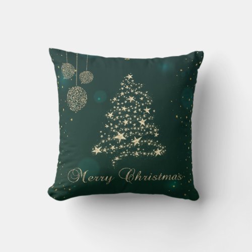 Elegant GreenFaux Gold Christmas TreeSnowflakes  Throw Pillow