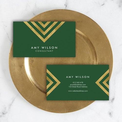 Elegant Green Faux Gold Geometric Consultant Business Card