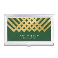 Elegant Green Faux Gold Geometric Design Business Card Case