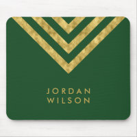 Elegant Green Faux Gold Name Chevron Geometric Mouse Pad