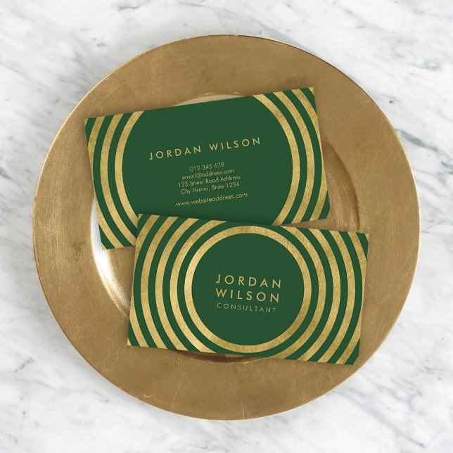 Elegant Green Faux Gold Round Lines Consultant Business Card (Creator Uploaded)