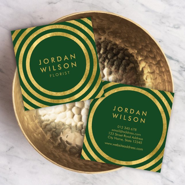 Elegant Green Faux Gold Round Lines Geometric Square Business Card (Creator Uploaded)