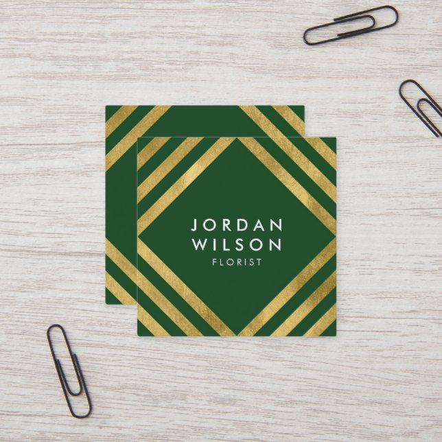 Elegant Green Faux Gold Square Lines Geometric Business Card (Front/Back In Situ)