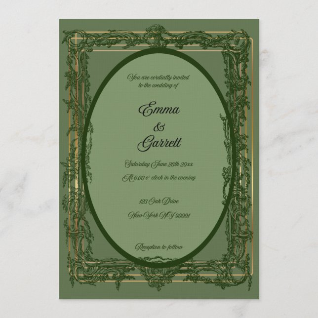 Elegant Green Filigree Wedding Invitation (Front)
