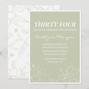 Elegant Green Floral 34th birthday invitations  