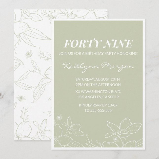Elegant Green Floral 49th birthday invitations   (Front/Back)